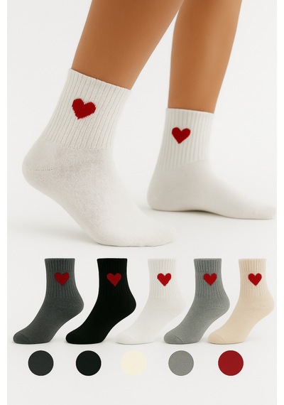 Worthy Socks 5'li Kadın Kalp Desenli Karışık Renkli Bilek Üstü Çorap Seti 5 Çift Kalpli