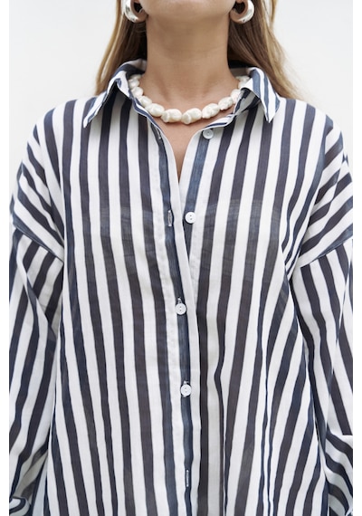 Mai Collection Mai Studios Co. Rosy Transparan Çizgili Lacivert Oversize Gömlek Lacıvert