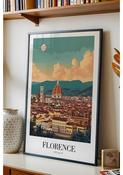 Florence Italy Vintage Seyahat Posteri Çerçeveli Tablo - Premium Floransa Elit Duvar Dekoru Siyah