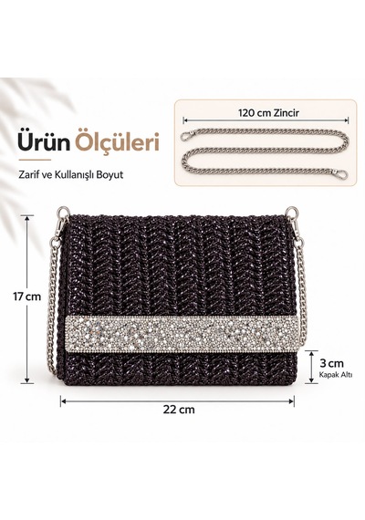Taş Detaylı El Örgüsü Abiye Kadın Çantası - Kristal Taşlı Lüks Tasarım Siyah-gümüş
