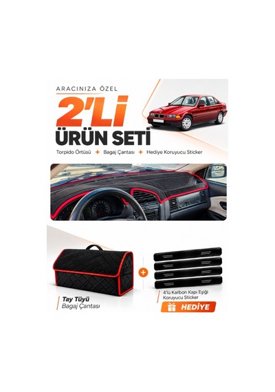 Bmw 3.20i E36 Aırbagsiz 1990-2000 Uyumlu Torpido Örtüsü + Tay Tüyü Çanta Seti - Siyah Kırmızı
