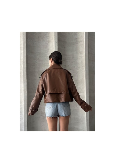 Meecy Oversize Taba Deri Ceket Taba Taba