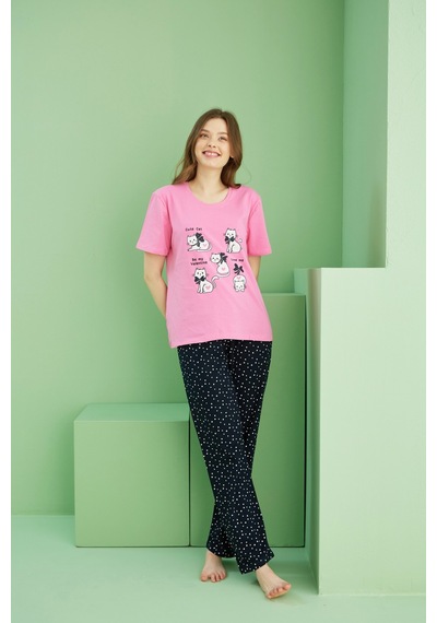 Siyah İnci Pamuklu Bisiklet Yaka Örme Pijama Takım25117061 Pembe