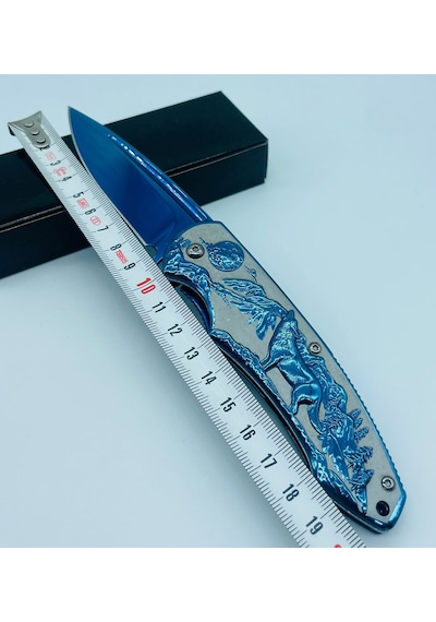 Tobaccotürk724 Kurt Kabartmalı Kamp Bıçak Yarıoto Mavi Metal 20cm Kamp Çakı//ystl2916bl Mavi