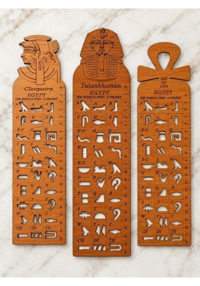Antik Mısır Hiyeroglif Harf Oymalı Cetvel Kitap Ayracı - Parlak Doğal Ahşap Key Of Life Açık Kahverengi
