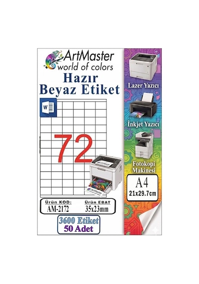 A4 Hazır Beyaz Etiket 35x23mm 50 Sayfa 1 Paket 72 Li Kendinden Yapışkanlı Fotokopi Lazer İnkjet Kağıdı Yazıcılar İçin