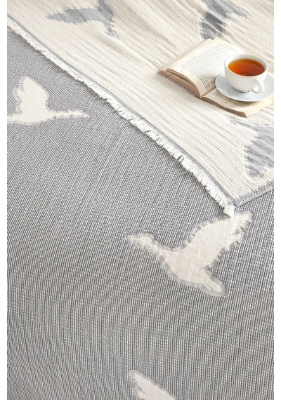 Kuş Desenli Jakarlı Pike Çift Kişilik 240 250cm Gri