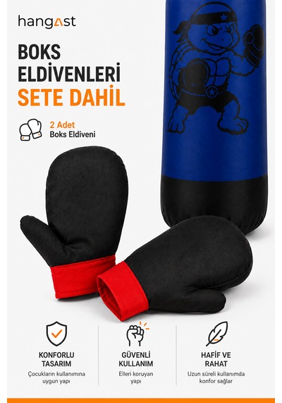 Çocuk Boks Seti Panda Desenli Asılabilir Boks Torbası Eldivenli Mavi