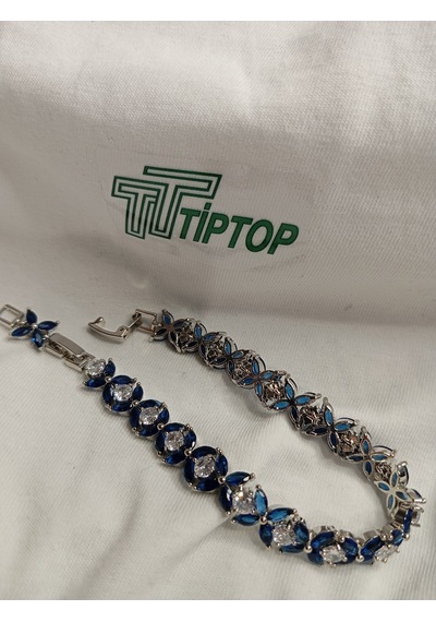 Tiptop/ Rodyum Kaplama 3mm Kare Mavi Zirkon Taşlı Su Yolu Bileklik Gümüş