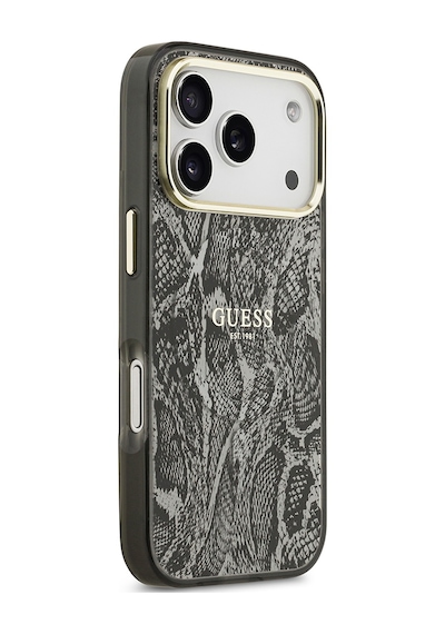 Apple Uyumlu iPhone 17 Pro Kılıf Guess Lisanslı M-safe Özellikli Yazı Logolu Python Desenli Kapak Siyah Siyah