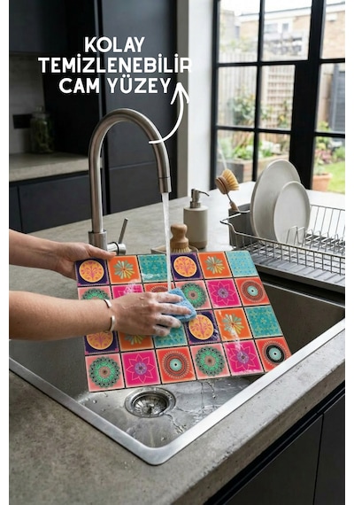 Etnik Desenli Cam Kesim Tahtası - 25x35cm -dayanıklı Ve Pratik Kesim Matı Çok Renkli