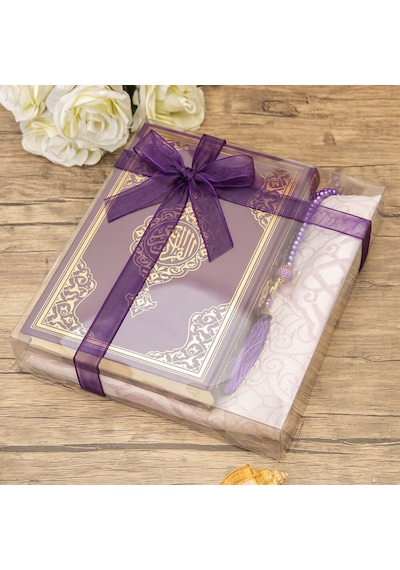 Hediyelik Kuran-ı Kerim, İnci Tesbih, Seccade, Asetat Kutulu 25x18 Cm Mevlid Paketi- Mor