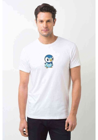 Pokemon Piplup Illüstrasyon Baskılı Beyaz Erkek Tshirt