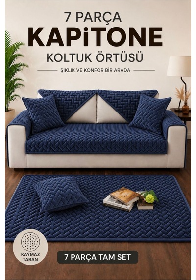 7 Parça Kaymaz Taban Kapitone Koltuk Örtüsü Takımı Çekyat Kanepe Seti Lacivert Lacivert