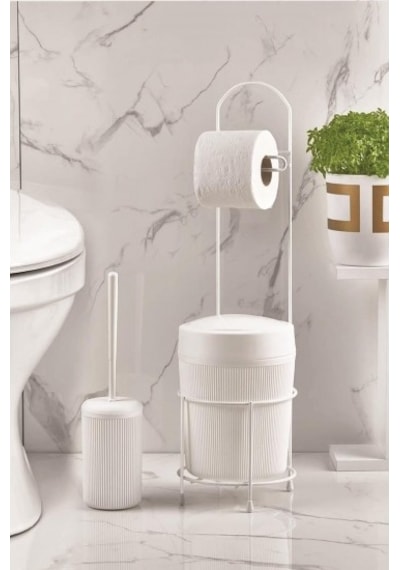 Metal Standlı Yuvarlak Kovalı & Kağıtlıklı & Fırçalıklı Beyaz Banyo Takımı Diğer
