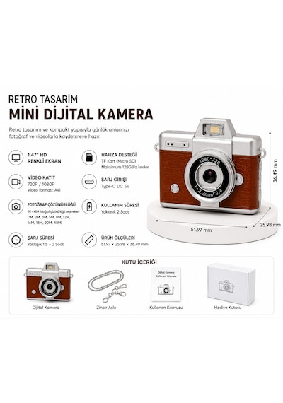 Mini Dijital Kamera Döner Ekranlı Fotoğraf Ve Video Çekim Kamerası Dahili Flaşlı Taşınabilir