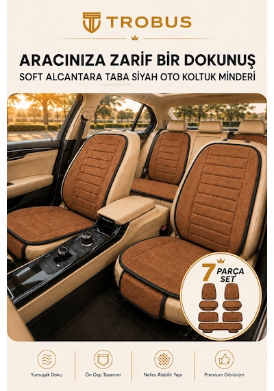 Audi A3 2003-2011 Üniversal Soft Alkantra Çizgili 7 Parça Oto Koltuk Minderi Taba
