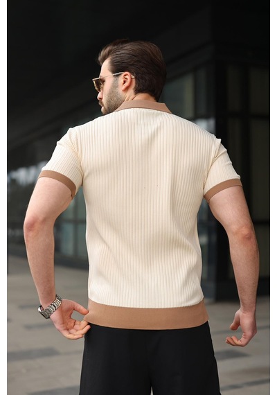Madmext Taş Rengi Polo Yaka Triko Erkek Tişört E7471 Taş Rengi