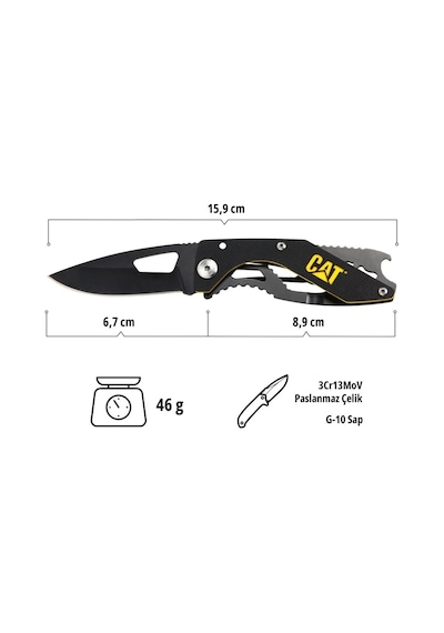 Cat Da980267 Kemer Askı Kancalı Şişe Açacaklı Katlanabilir 16cm Paslanmaz Çelik Siyah Kamp Çakısı