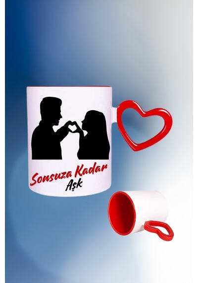 Sonsuz Aşk Baskılı Kalpli Kırmızı Kupa Bardak Çay Kahve Fincanı Beyaz