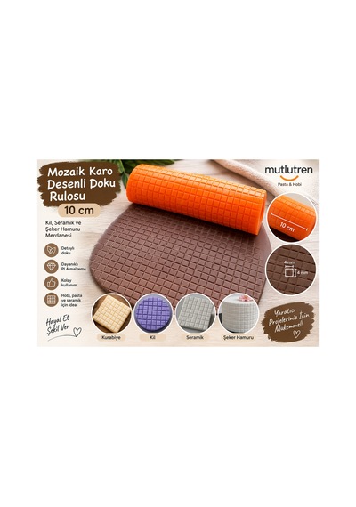 Mozaik Karo Desenli Doku Rulosu 10 Cm Kil, Seramik Ve Şeker Hamuru Merdanesi Çok Renkli