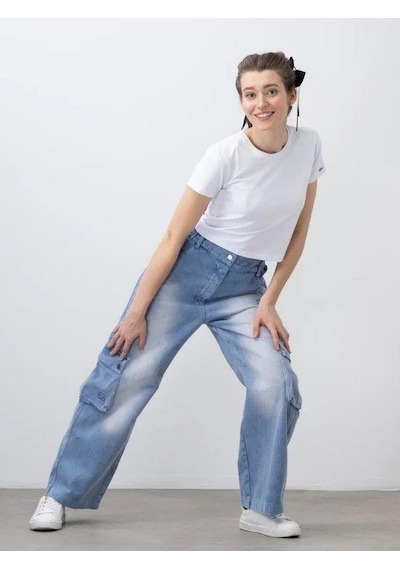 Zekids Kız Çocuk Beli Lastikli Gabardin Pantolon-15534 Mavi