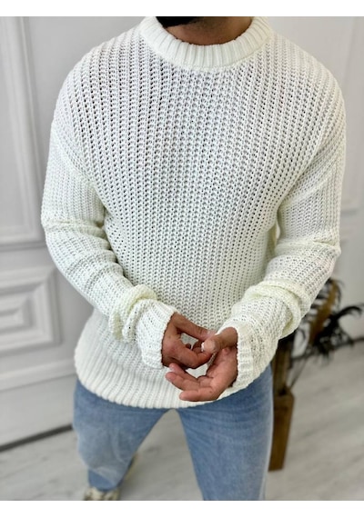 Elku Moda Kazak Oversize Çift Kat Zincir Örgü Naturel Pamuk Bol Kesim Tüylenmez Triko Kazak Beyaz