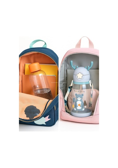 Geyik Figürlü Pipetli Su Matarası 700 Ml Askılı Sticker Hediyeli Çocuk Suluk Gıda Sınıfı Plastik Kapaklı Sızdırmaz Matara Okul Spor Seyahat Mavi Çok Renkli