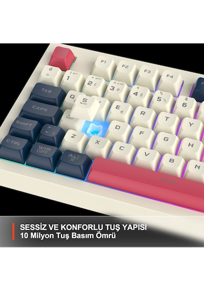 Lecoo Gk690 Kablosuz 3 Modlu 96 Tuşlu Rgb Gasket Membran Türkçe Q Oyuncu Klavyesi Beyaz Lacivert