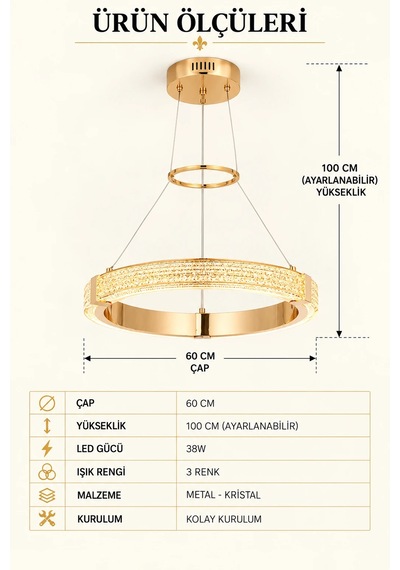 Modern Premium Gold Led Sarkıt Avize Salon Oturma Odası Yemek Odası Avizesi 38w 3 Renk Beyaz