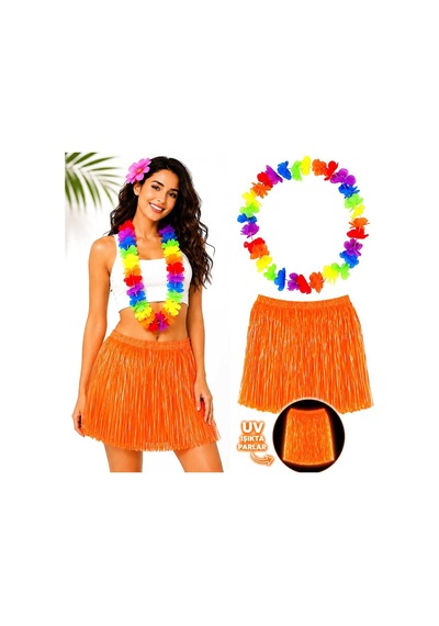 Neon Turuncu Hawaii Etek 40 Cm Ve Rengarenk Hawaii Kolye Evimdeyokyok