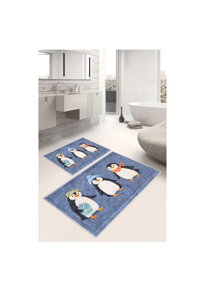 Penguen Desenli Dijital Baskılı Yıkanabilir 2li Banyo Paspası 50x60-60x100 lacivert