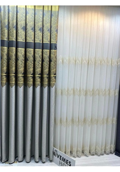 Nivemeshome Milas Gri-gold 671539 1/3 Sık Pileli Fon Perde Apm Gri-gold