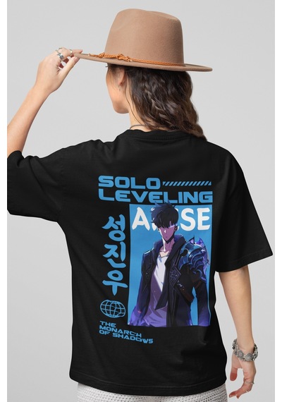 Solo Leveling Arise Sırt Baskılı Unisex Oversize Anime Karakteri Siyah