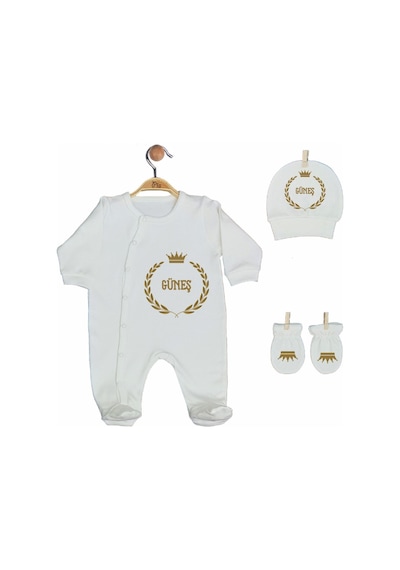 Pia Baby Gl 2007 İsme Özel Taçlı Beşli Tulum Set Krem