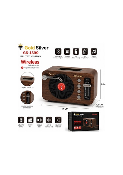 Gs-1390 Retro Bluetooth Hoparlör Ve Fm Radyo Usb Bellek, Tf Kart, Aux Girişli Ahşap Tasarım