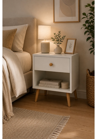 Yatak Odası Komodin Beyaz Ceviz Çekmeceli Minimalist Basic Ayaklı Ceviz - Beyaz Yatak Odası Komodin Beyaz Ceviz Çekmeceli Minimalist Basic Ayaklı Ceviz - Beyaz