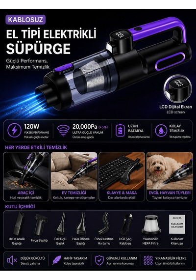 20000pa Şarjlı Araç İçi Süpürge 6000mah 120w Led Fenerli Kablosuz El Süpürgesi Dikey Vacuum Siyah