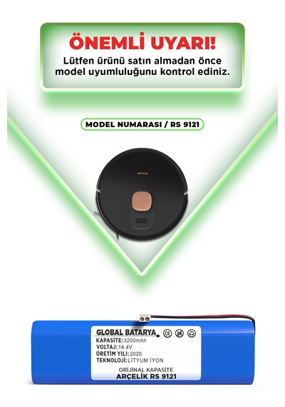 Arçelik Robo Rs 9121 Robot Süpürge Bataryası 14.4v 3200mah Li-ion Pil  Kapasite