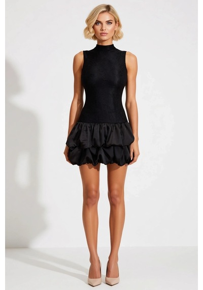 Benerly Kadın Etek Bodycon Mini Elbise Dik Yaka Kolsuz Dantel Örme Balon Siyah