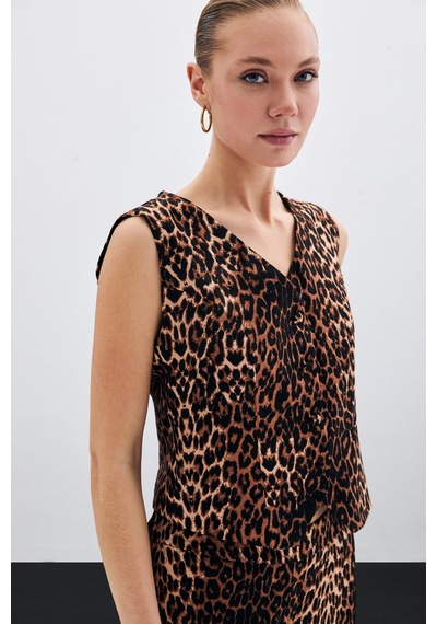Sateen Kısa Leopar Yelek - Siyah-135502 Siyah