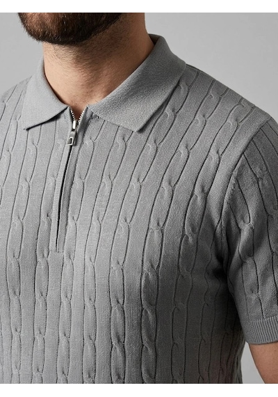 Erkek Yazlık Triko Saç Örgü Tişört Kısa Kol Polo Yaka Fermuarlı T-shirt - Gri