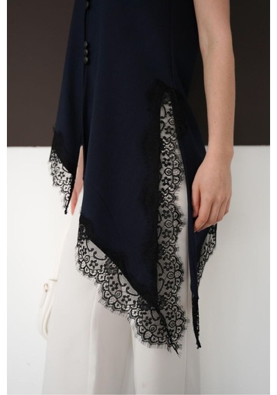 Verymoda Sıfır Kol Etek Ucu Dantel V Yaka Bluz D2993 Lacivert