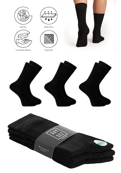 Saysez Bambu Erkek Soket Uzun Siyah Çorap Dikişsiz Premium Paket 3'lü Siyah