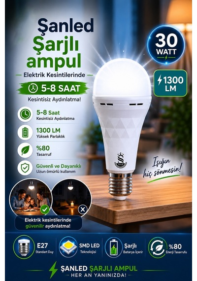 Şarjlı Akülü 30w Beyaz Işık Led Ampul 2 Adet 2 Adet