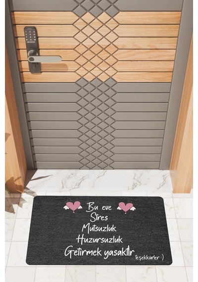 Rugmood Modern Dijtal Baskı Siyah Bu Eve Stres Mutsuzluk Yasak Kapı Önü Paspası