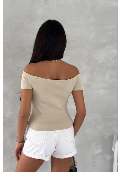 Femelle Kadın Bej Standart Beden Triko Crop Bluz