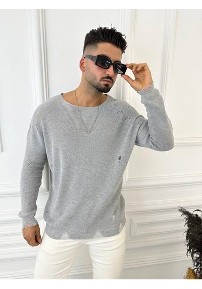 Elku Moda Kazak Naturel Örme Pamuk Tüylenmeyen Yırtık Detaylı Lazer Kesim Triko Kazak Gri
