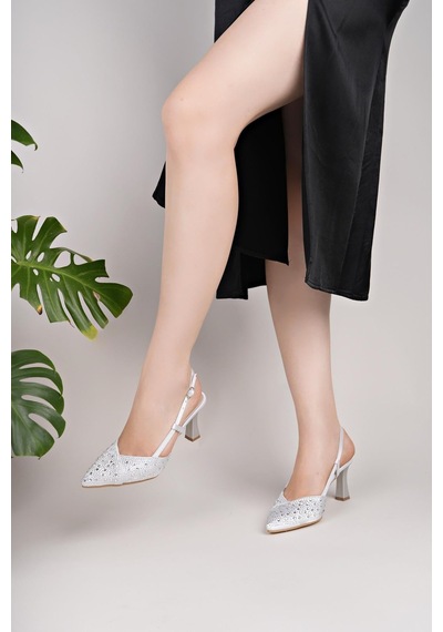 Nesilshoes Nesil Shoes Uraz 720 Gümüş Taşlı Topuklu Kadın Sandalet Gümüş Saten