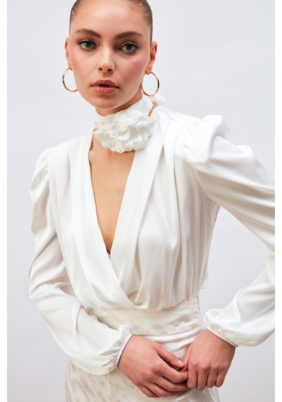 Sateen Kruvaze Saten Bodysuit Bluz - Ekru